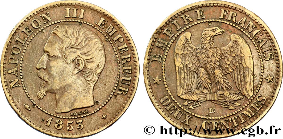 Deux centimes Napoléon III, tête nue 1853 Strasbourg F.107/3 BB48 