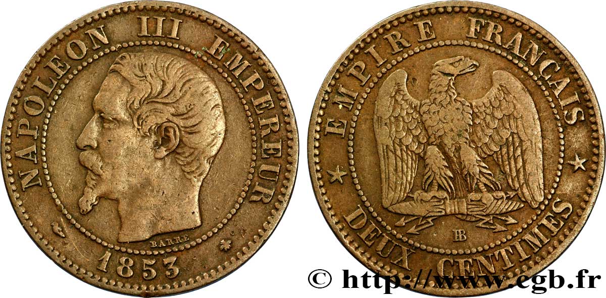 Deux centimes Napoléon III, tête nue 1853 Strasbourg F.107/3 TB35 