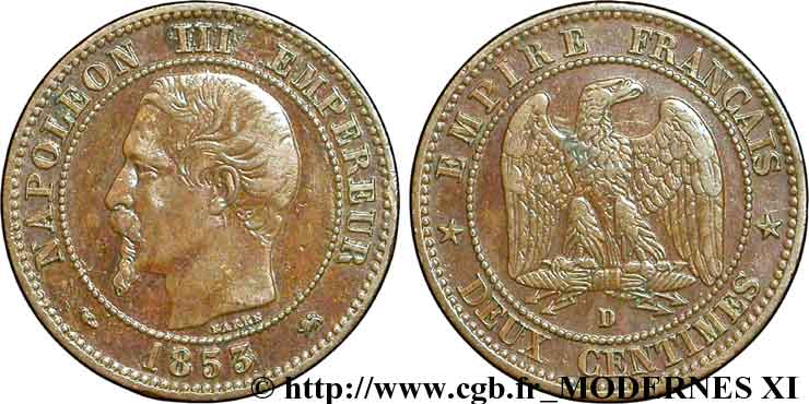 Deux centimes Napoléon III, tête nue, petit D et petit lion 1853 Lyon F.107/5 TTB50 