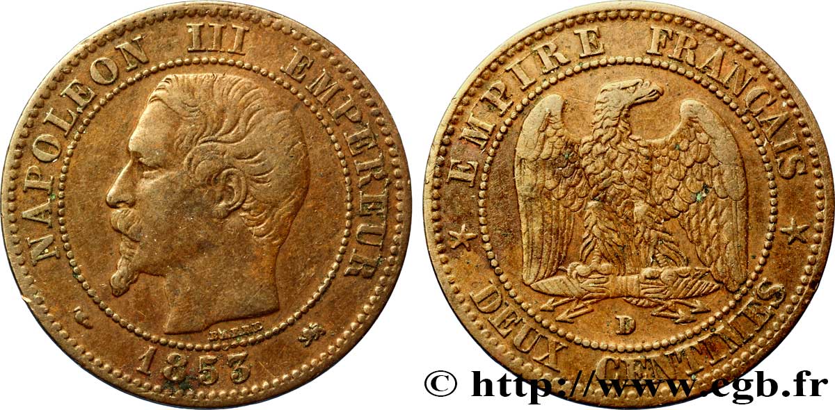 Deux centimes Napoléon III, tête nue 1853 Lyon F.107/5 TTB48 