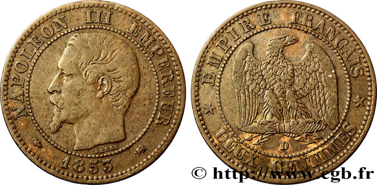 Deux centimes Napoléon III, tête nue 1853 Lyon F.107/5 BC35 