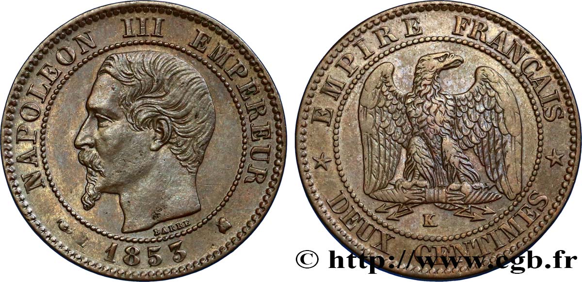 Deux centimes Napoléon III, tête nue 1853 Bordeaux F.107/6 TTB48 
