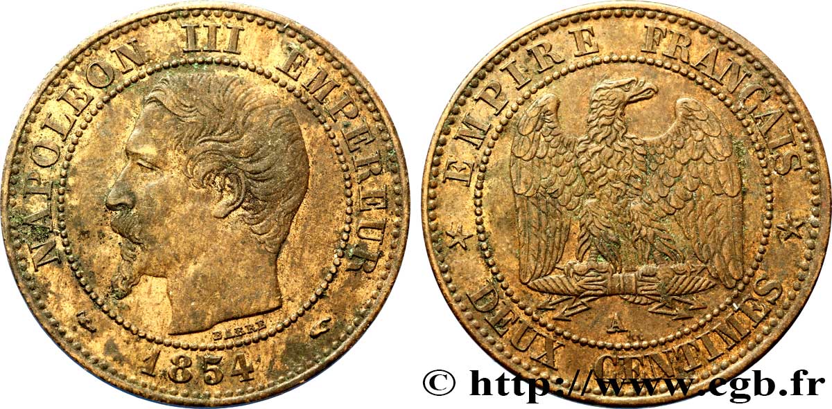 Deux centimes Napoléon III, tête nue 1854 Paris F.107/9 SS54 