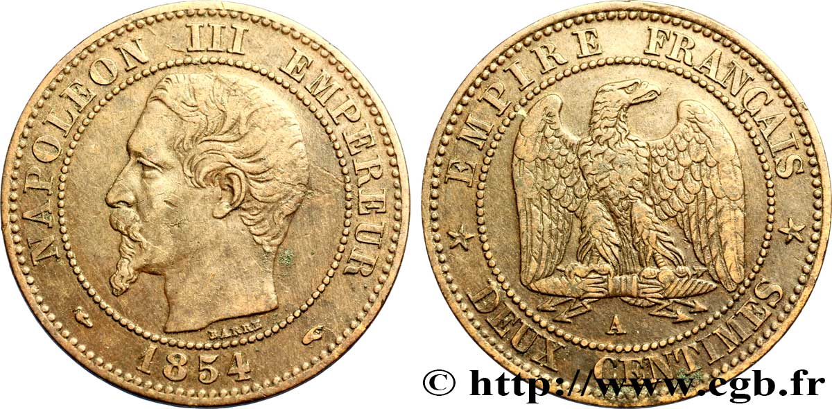 Deux centimes Napoléon III, tête nue 1854 Paris F.107/9 MBC48 