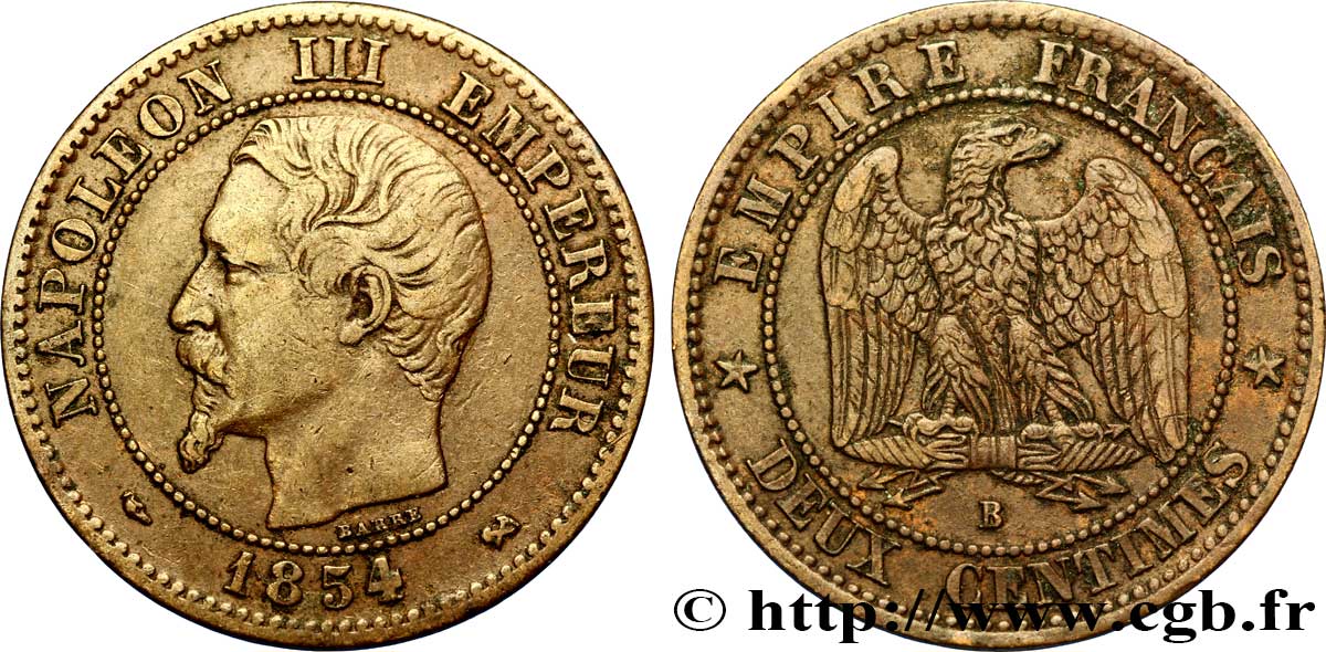 Deux centimes Napoléon III, tête nue 1854 Rouen F.107/10 TTB48 