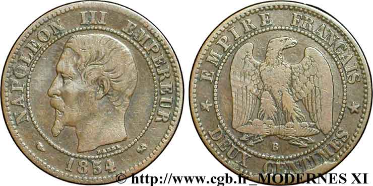 Deux centimes Napoléon III, tête nue, cassure de coin 1854 Rouen F.107/10 BB40 