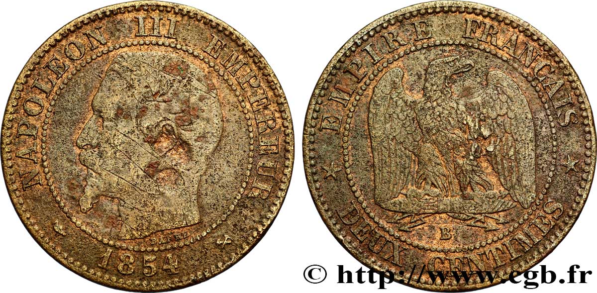 Deux centimes Napoléon III, tête nue 1854 Rouen F.107/10 B12 
