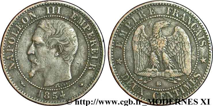 Deux centimes Napoléon III, tête nue 1854 Strasbourg F.107/11 MBC40 
