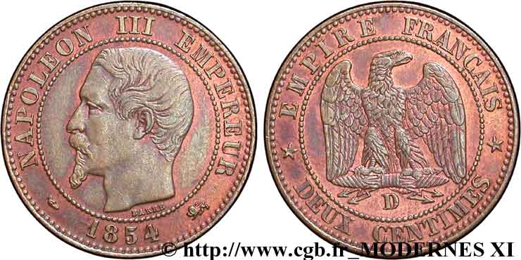Deux centimes Napoléon III, tête nue, grand D et grand lion 1854 Lyon F.107/12 TTB48 