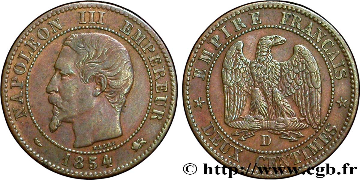 Deux centimes Napoléon III, tête nue 1854 Lyon F.107/12 BB40 