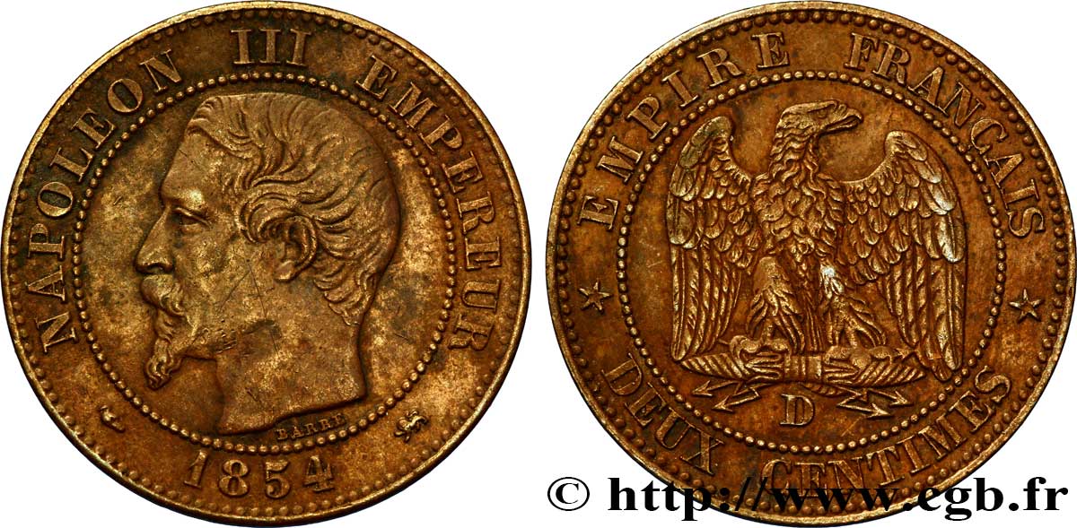 Deux centimes Napoléon III, tête nue 1854 Lyon F.107/13 XF48 