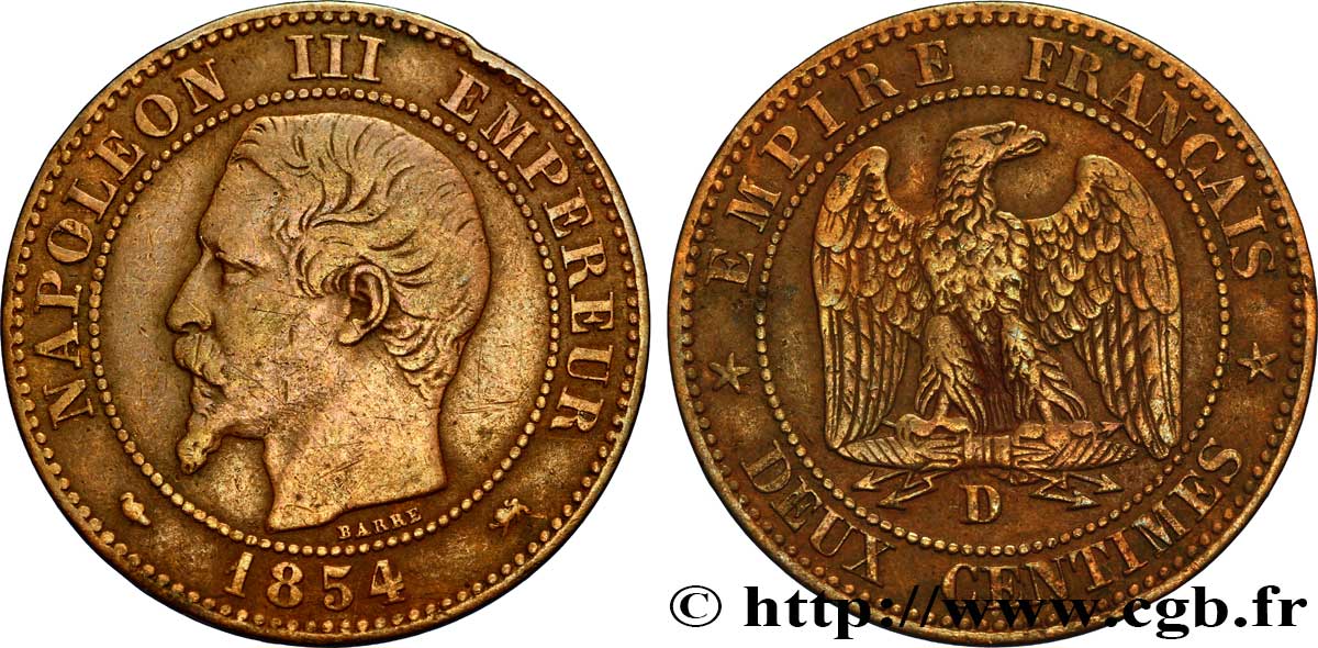 Deux centimes Napoléon III, tête nue 1854 Lyon F.107/13 XF40 