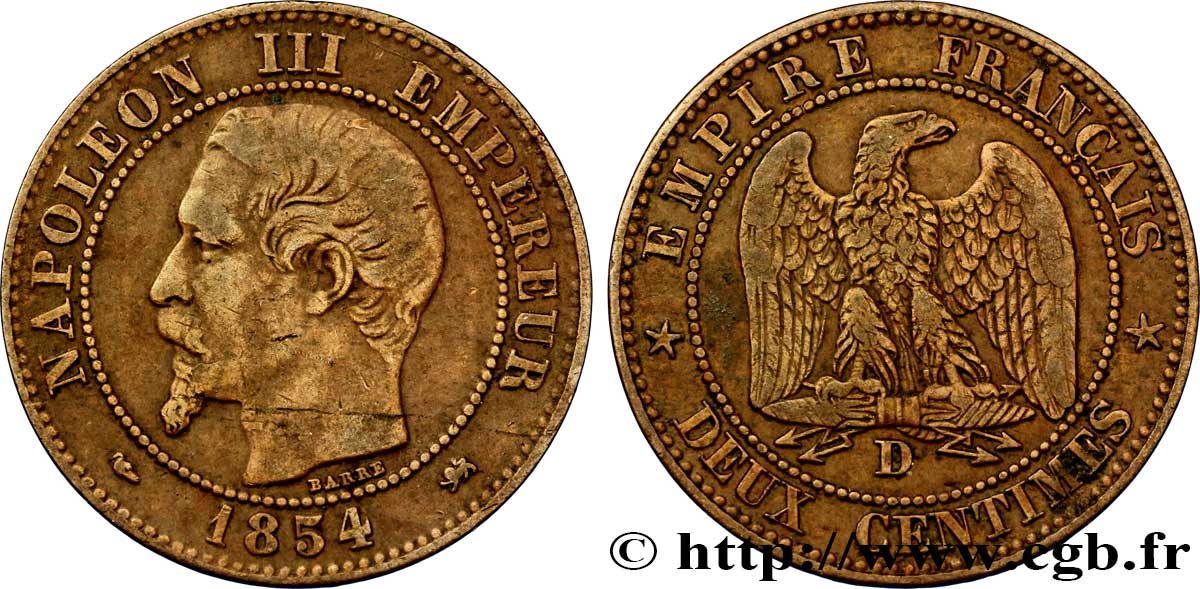 Deux centimes Napoléon III, tête nue 1854 Lyon F.107/13 BC35 