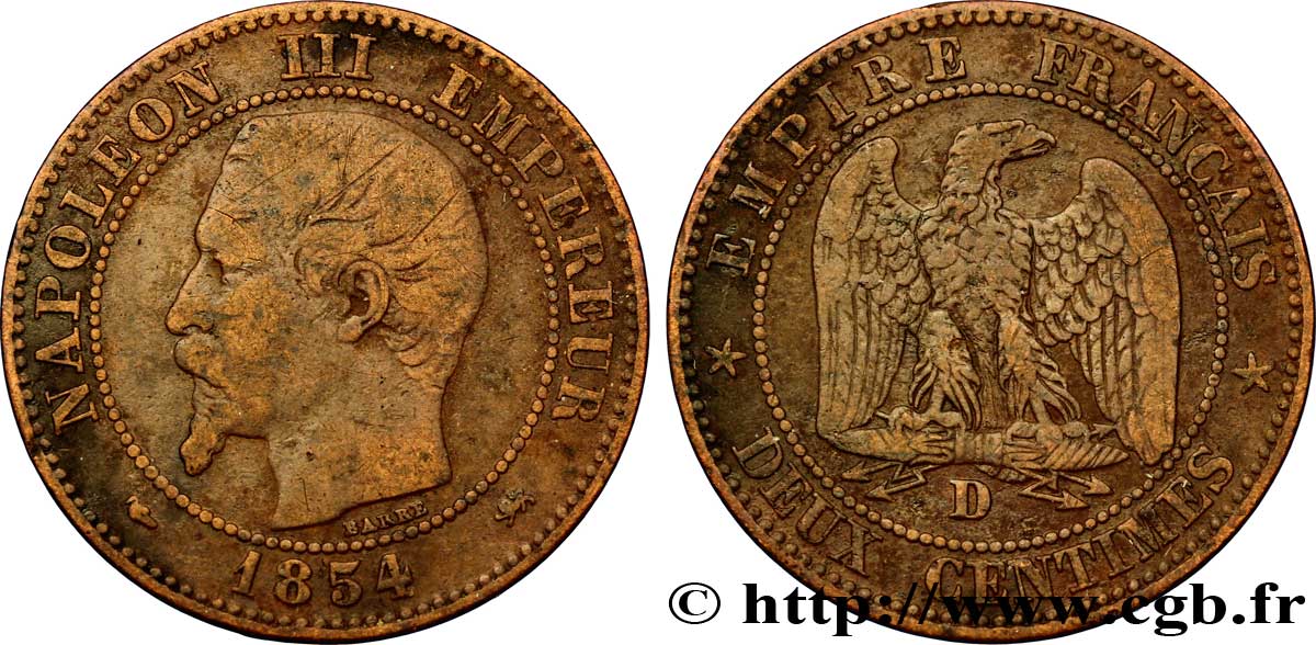 Deux centimes Napoléon III, tête nue 1854 Lyon F.107/13 TB20 