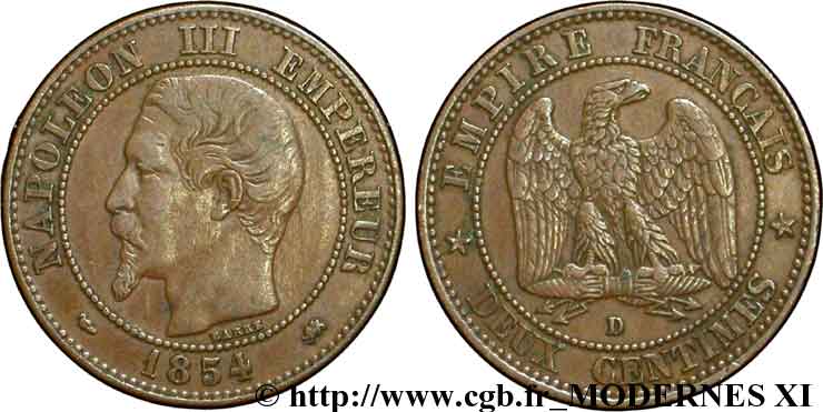 Deux centimes Napoléon III, tête nue, petit D et grand lion 1854 Lyon F.107/14 MBC40 