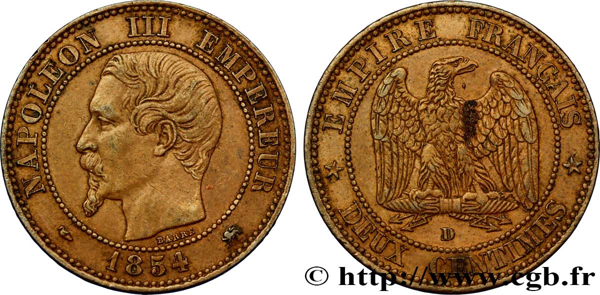 Deux centimes Napoléon III, tête nue 1854 Lyon F.107/15 MBC48 
