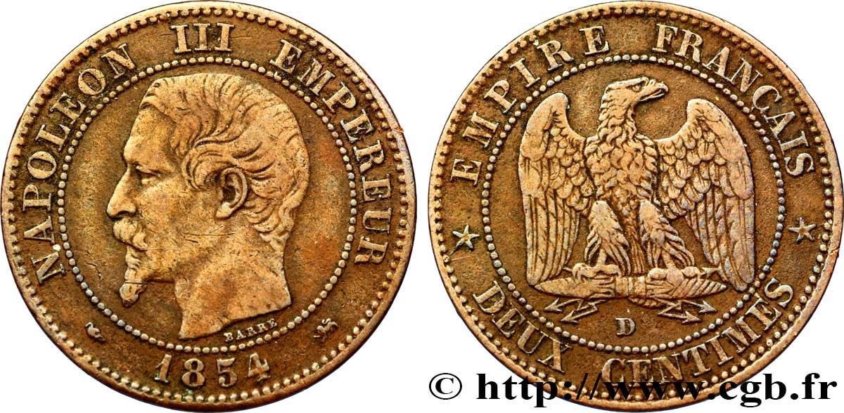 Deux centimes Napoléon III, tête nue 1854 Lyon F.107/15 TB35 