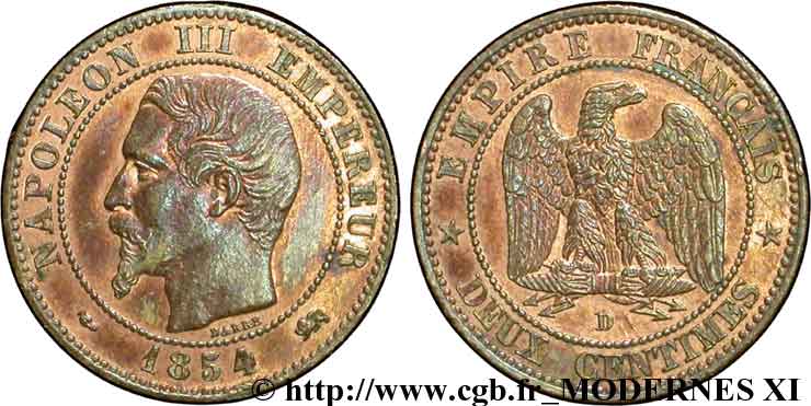 Deux centimes Napoléon III, tête nue, petit D et grand lion 1854 Lyon F.107/14 TTB48 