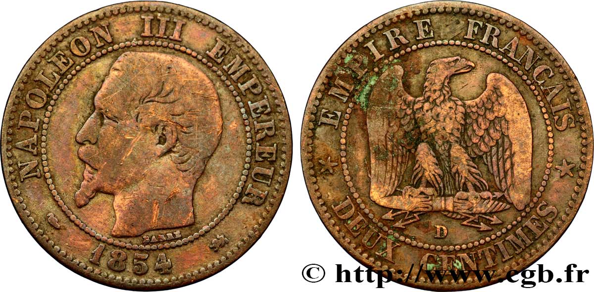 Deux centimes Napoléon III, tête nue 1854 Lyon F.107/15 B12 