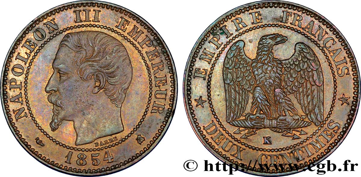 Deux centimes Napoléon III, tête nue 1854 Bordeaux F.107/16 AU54 
