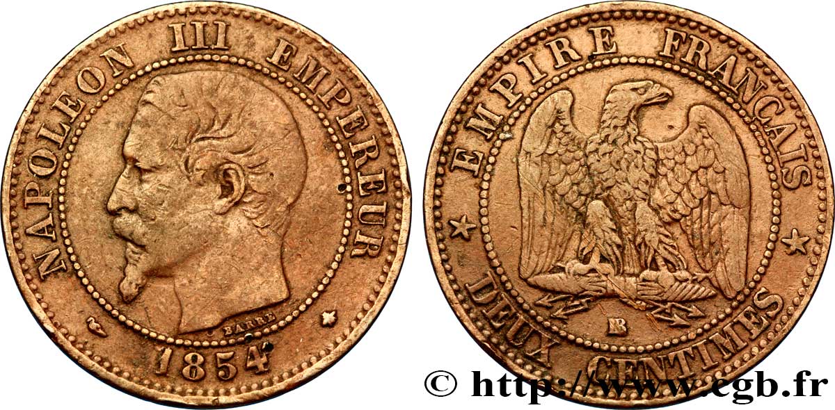 Deux centimes Napoléon III, tête nue 1854 Marseille F.107/17 TB35 