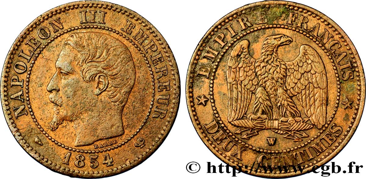 Deux centimes Napoléon III, tête nue 1854 Lille F.107/18 TB35 