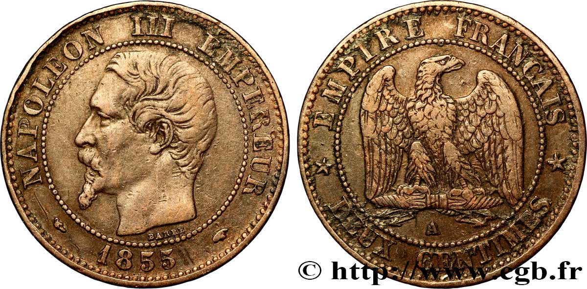 Deux centimes Napoléon III, tête nue 1855 Paris F.107/19 MBC40 