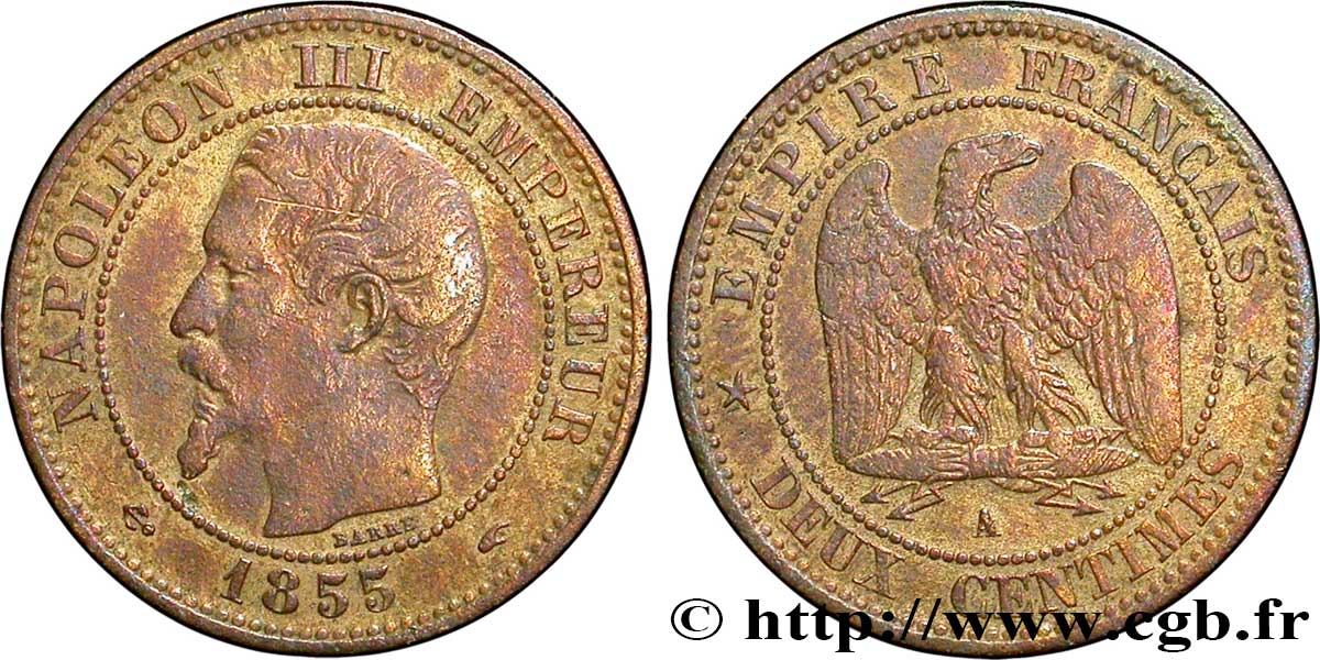 Deux centimes Napoléon III, tête nue 1855 Paris F.107/20 TB20 