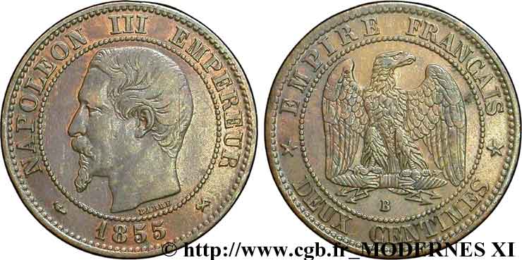 Deux centimes Napoléon III, tête nue, différent levrette 1855 Rouen F.107/21 TTB54 