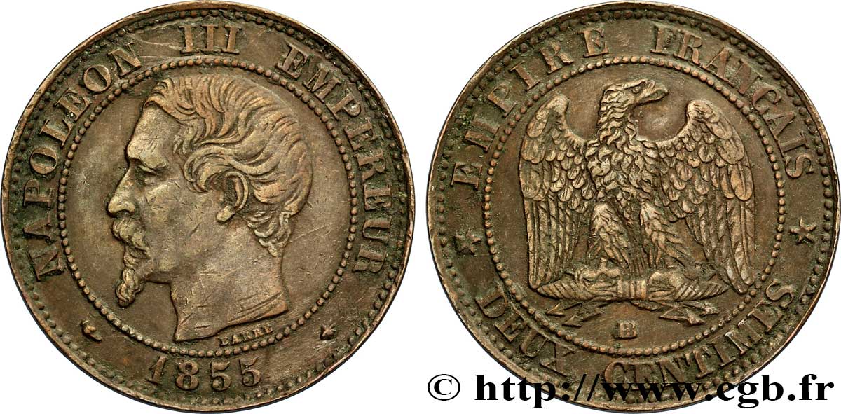 Deux centimes Napoléon III, tête nue 1855 Strasbourg F.107/23 TTB40 