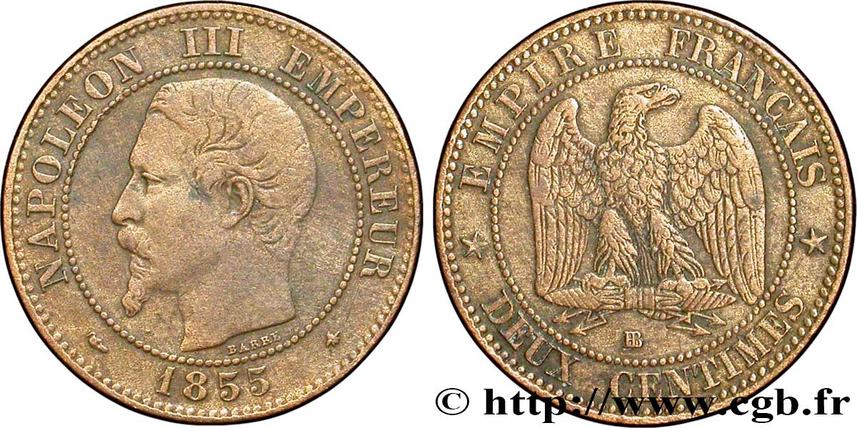 Deux centimes Napoléon III, tête nue 1855 Strasbourg F.107/23 TB20 