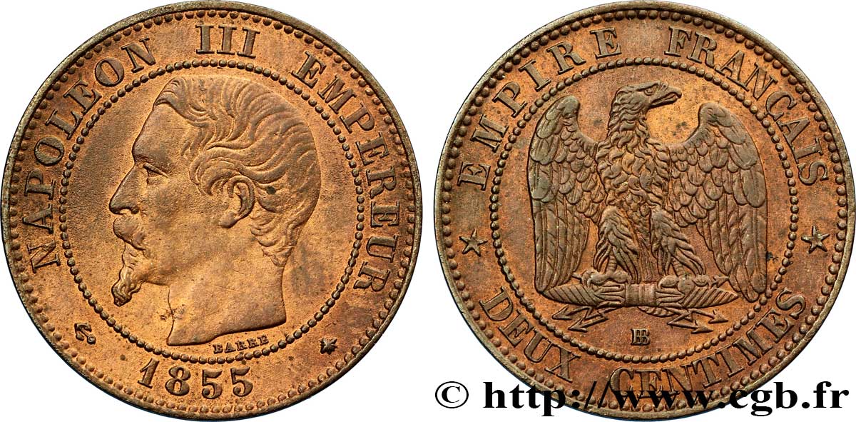 Deux centimes Napoléon III, tête nue 1855 Strasbourg F.107/24 TTB48 
