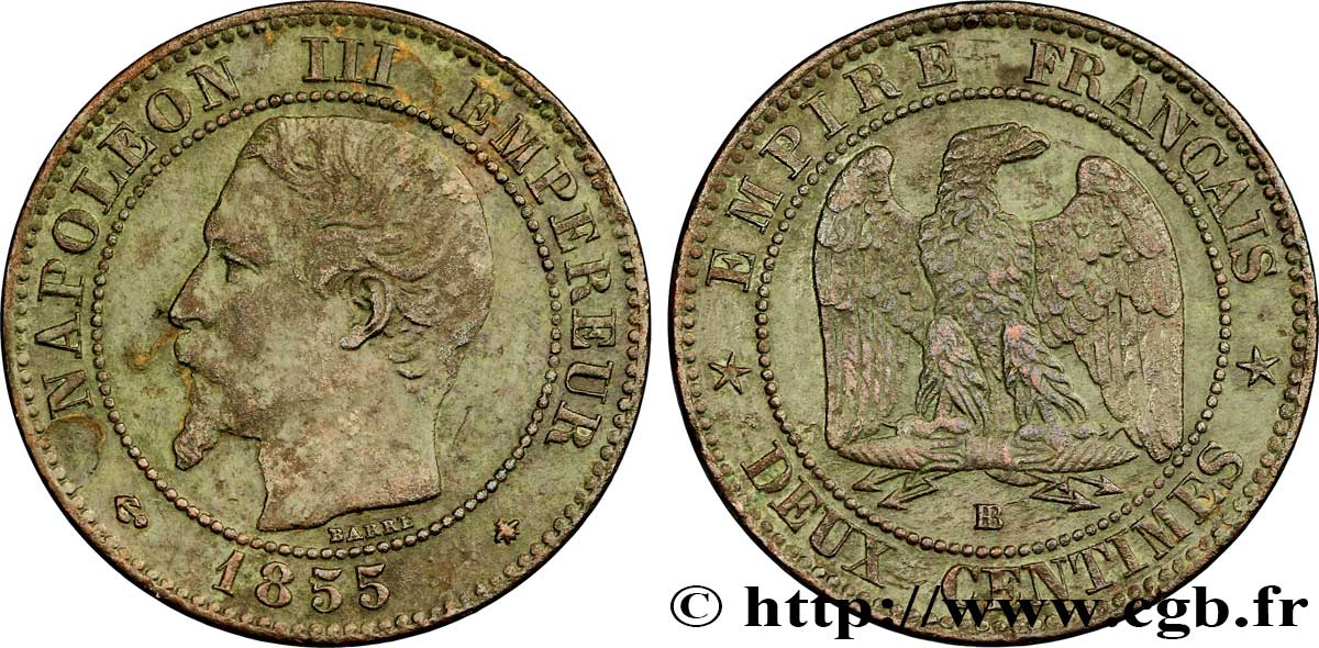 Deux centimes Napoléon III, tête nue 1855 Strasbourg F.107/24 SS40 