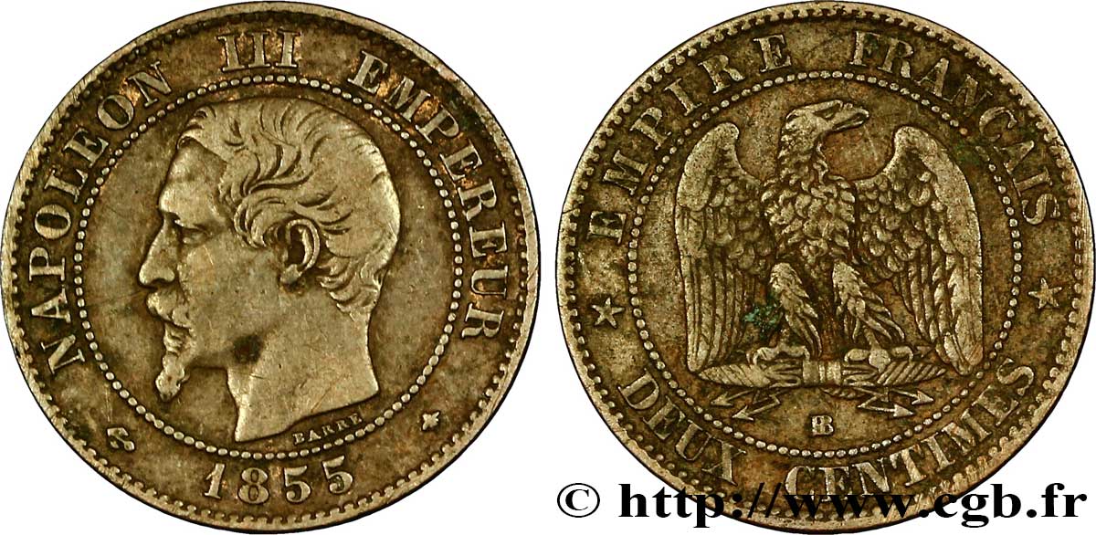 Deux centimes Napoléon III, tête nue 1855 Strasbourg F.107/24 TB35 