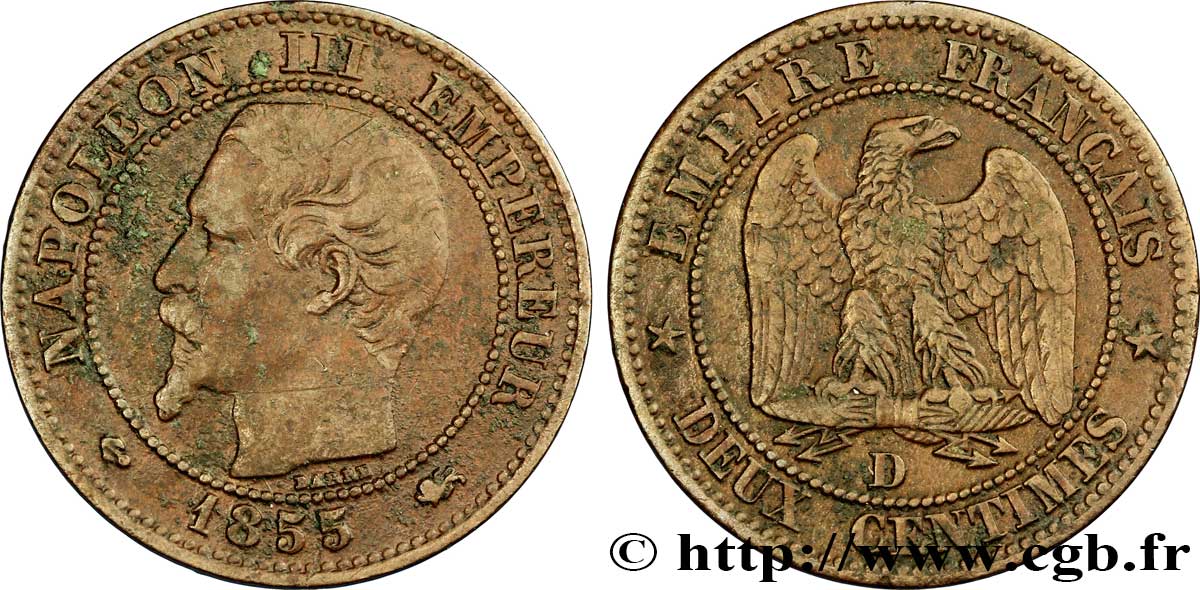 Deux centimes Napoléon III, tête nue 1855 Lyon F.107/27 TB35 
