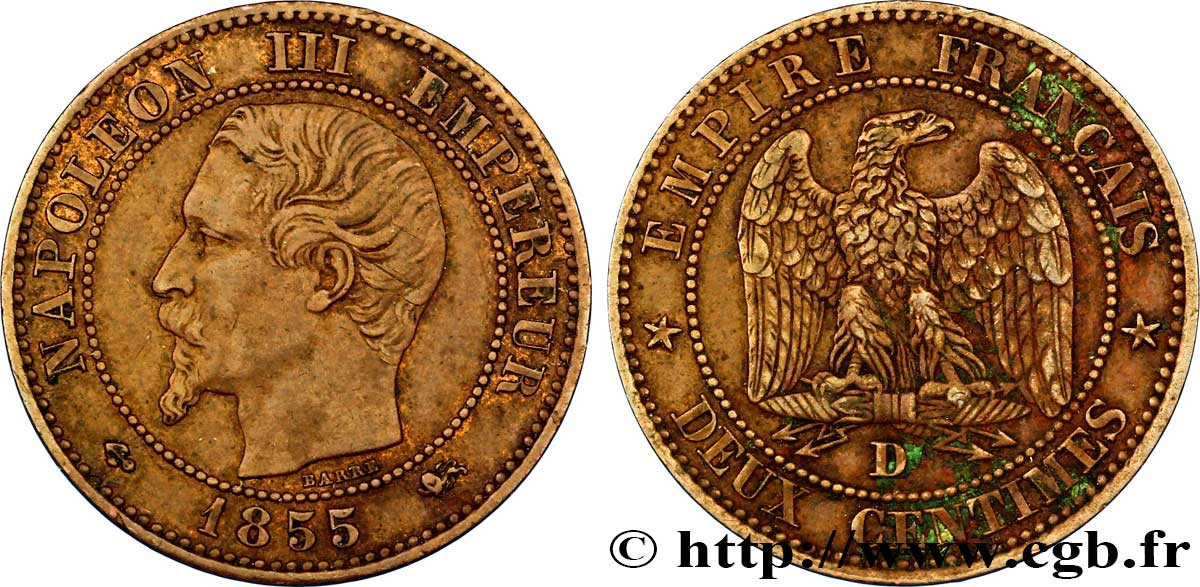 Deux centimes Napoléon III, tête nue 1855 Lyon F.107/28 TTB48 