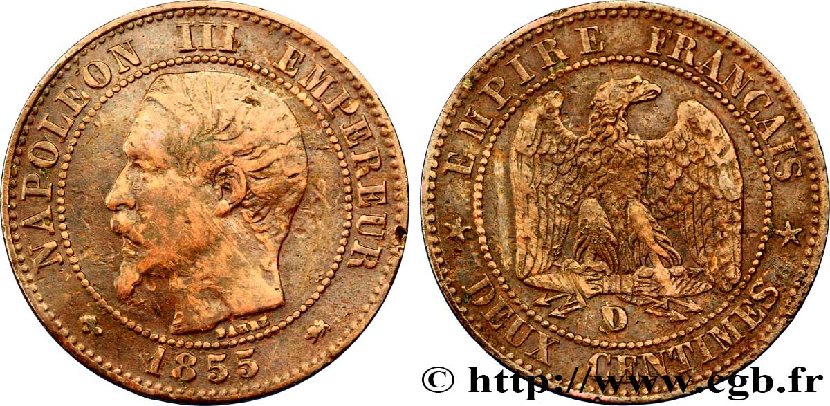 Deux centimes Napoléon III, tête nue 1855 Lyon F.107/28 BC35 