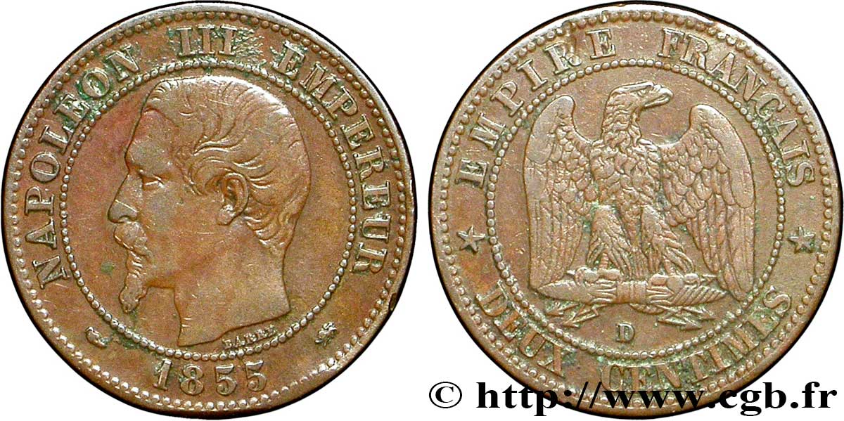 Deux centimes Napoléon III, tête nue 1855 Lyon F.107/30 TB35 