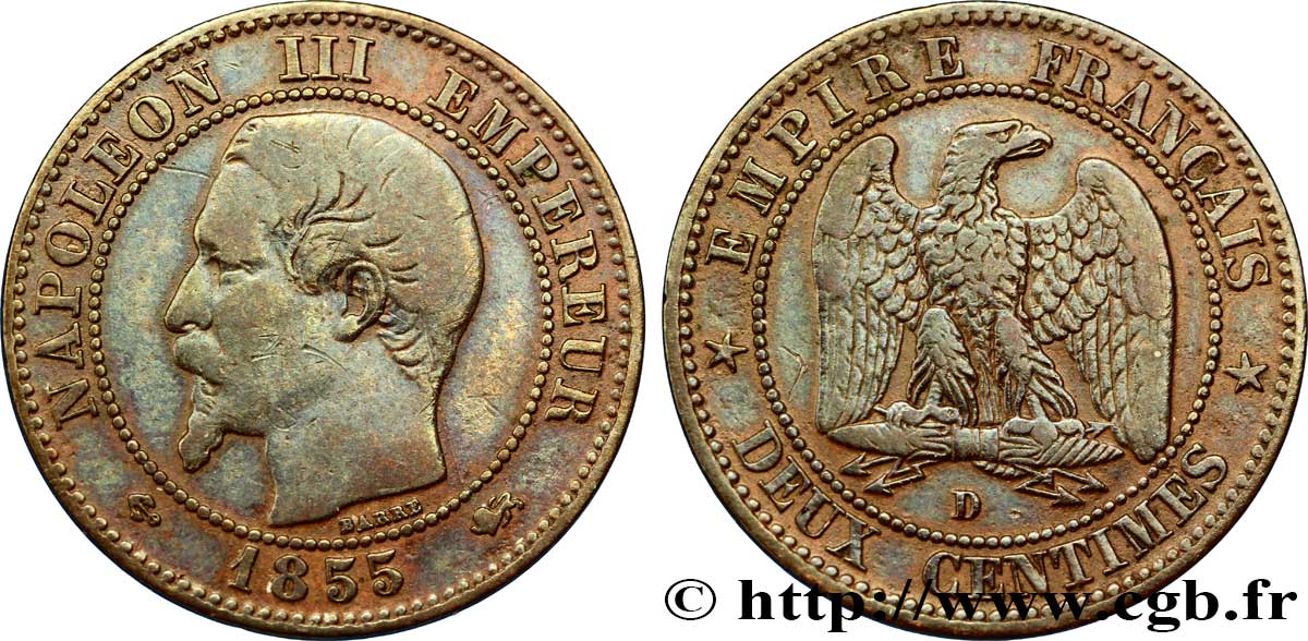 Deux centimes Napoléon III, tête nue 1855 Lyon F.107/31 TB35 