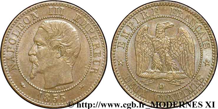 Deux centimes Napoléon III, tête nue, différent levrette, petit D et petit lion 1855 Lyon F.107/30 MBC48 
