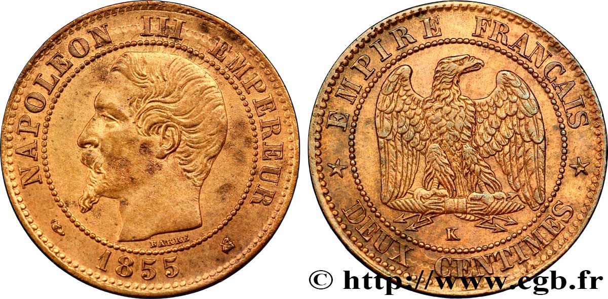 Deux centimes Napoléon III, tête nue 1855 Bordeaux F.107/33 AU54 