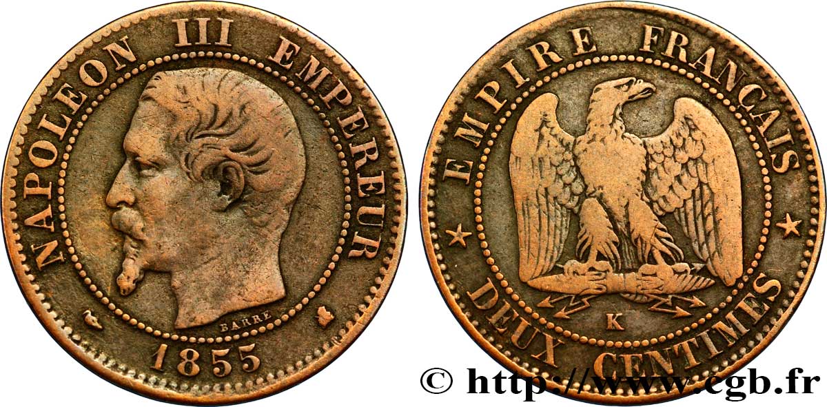 Deux centimes Napoléon III, tête nue 1855 Bordeaux F.107/33 TB35 