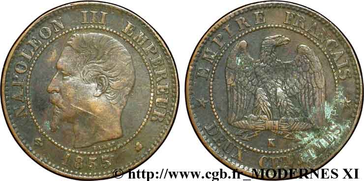 Deux centimes Napoléon III, tête nue 1855 Bordeaux F.107/34 VF20 