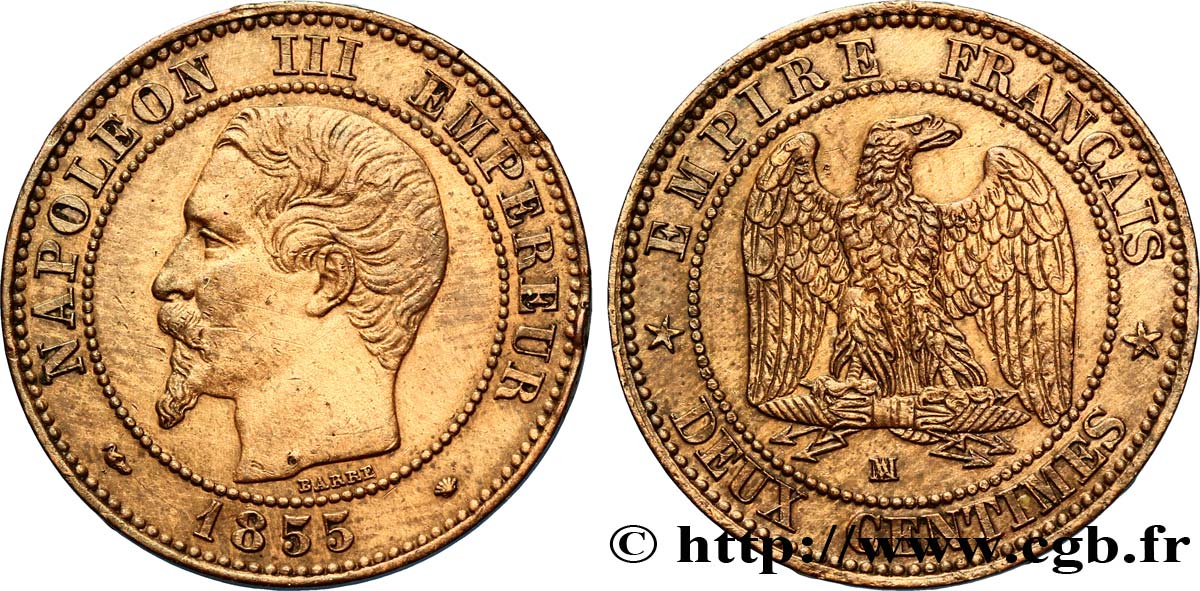 Deux centimes Napoléon III, tête nue 1855 Marseille F.107/35 TTB54 
