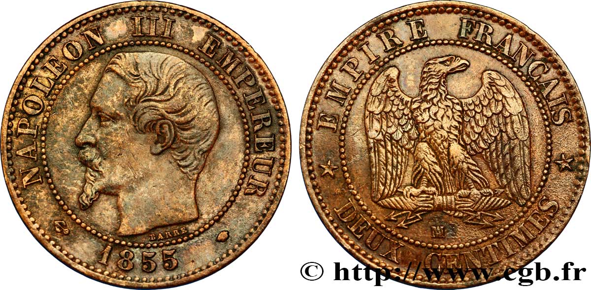 Deux centimes Napoléon III, tête nue 1855 Marseille F.107/36 TTB48 