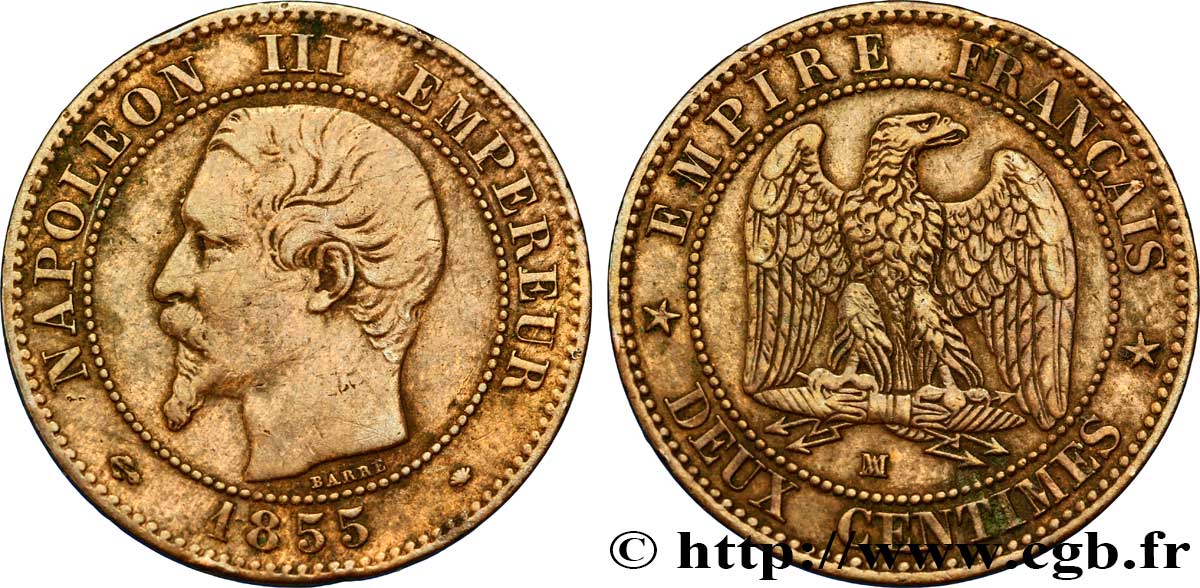 Deux centimes Napoléon III, tête nue 1855 Marseille F.107/36 S35 