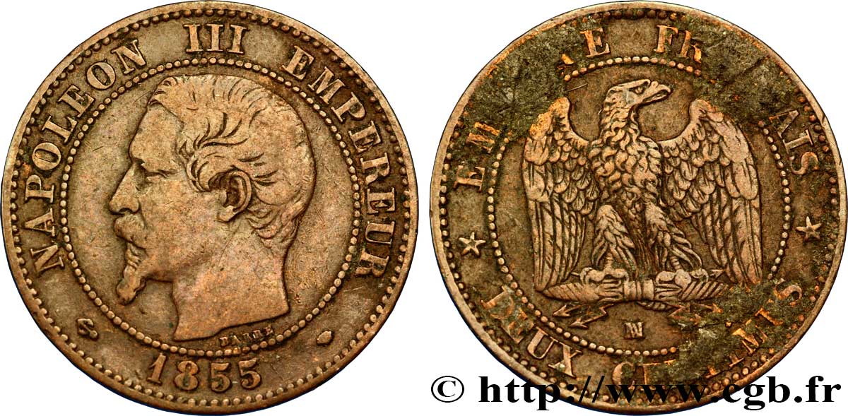 Deux centimes Napoléon III, tête nue 1855 Marseille F.107/36 TB20 