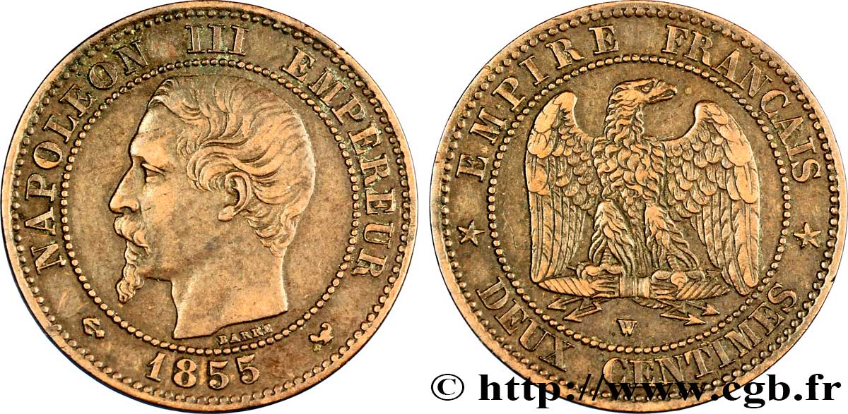 Deux centimes Napoléon III, tête nue 1855 Lille F.107/37 SS48 