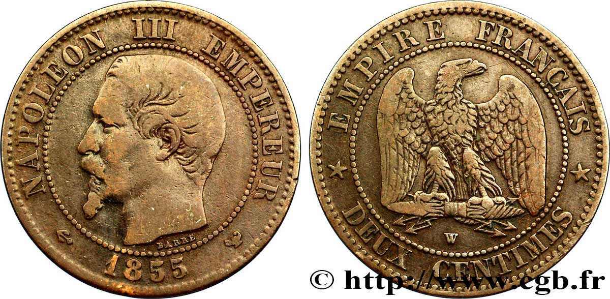 Deux centimes Napoléon III, tête nue 1855 Lille F.107/37 TB35 