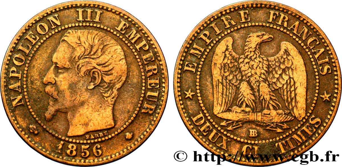 Deux centimes Napoléon III, tête nue 1856 Strasbourg F.107/40 BC35 